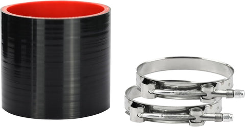 3 inch black 4-ply silicone hose coupler with red interior and two stainless steel T-bolt clamps